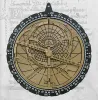 Astrolabe front with climate plate, rete, and alidade.  3D printed in bronze